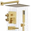 Kurpot Brushed Gold Shower System, All Metal Gold Shower Faucet Set with Tub Spout, 10'' Gold Shower Head with Handheld, 59'' Shower Hose, Shower Valve and Diverter, Wall Mounted Bath Tub Faucet Set