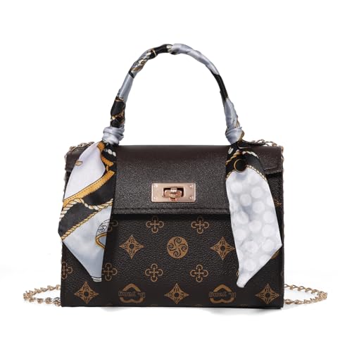 Bolsa tiracolo pequena, carteira com alça superior, estampa retrô, bolsa de ombro, com alça de ombro removível e trava magnética, Café, Small