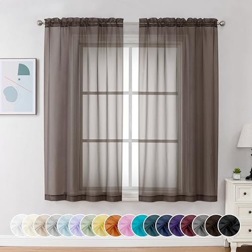 Image of Chyhomenyc Chocolate Brown Sheer Curtains 54 Inch Long 2 Panels, Light Filtering Rod Pocket Voile Short Curtains Drapes for Living Room Bedroom Small Windows, 42Wx54L Inches