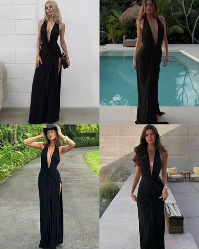 Image of ANKOMINA Women's Sexy V Neck Halter Backless Maxi Dress Ruched High Split Long Bodycon Dresses for Party Cocktail Evening