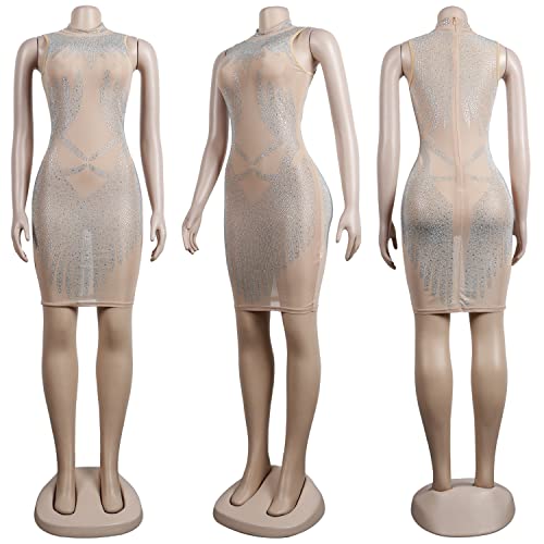 Image of PORRCEY Women's Sexy Hot Drilling Craft Dress Sleeveless Bodycon Party Club Night Out Dress(K2362,Beige,L)