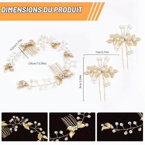 Vlecexs 3 Pièces Épingles à Cheveux de Mariage Dorées à Perles et Cristaux, Pinces à Cheveux Bijoux Mariage pour Mariée, Demoiselle d'honneur, Filles, Femmes, Anniversaire, Communion et Cérémonie – vue 2