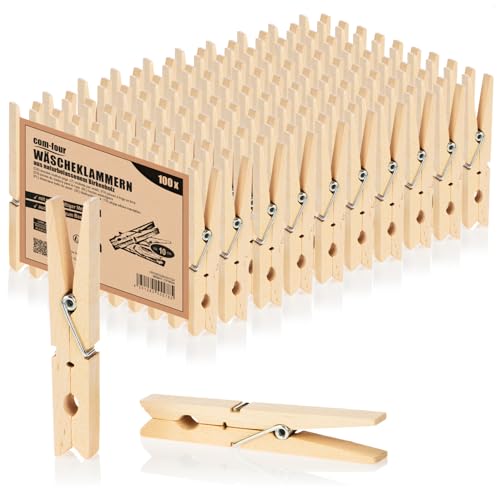 Com-four® 100 Mollette XXL in Legno di Betulla - Sostenibili e Non Trattate per Appendere i Vestiti - Circa 10 cm (100 Pezzi - Betulla - XXL)