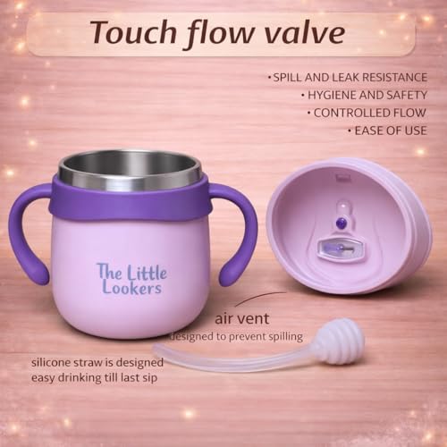 Image of THE LITTLE LOOKERS Stainless Steel Sipper Bottle 260ml | 316 Grade SS | BPA Free | Suitable for Hot & Cold | Travelling Bottle for Kids & Toddler | Training Sippy Cup with Straw /Spout(Purple)