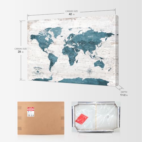 Image of IPIC Vintage Teal World Maps for Wall, World Map Canvas, Size 42x28 in