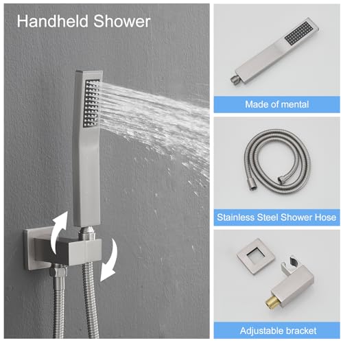 BWE Brushed Nickel Shower System with Body Jets,10 Inch Rain Shower Head,with 6 Body Spray Jets and Handheld Shower,Wall Mounted Shower Faucet Set,Rough-in Mixer Valve and Trim Included