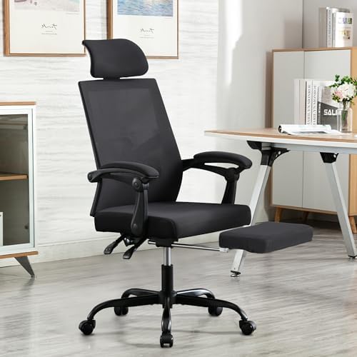 UEV Silla de Oficina Ergonómica con Reposapiés, Silla de Escritorio con Reposacabezas Ajustable, Soporte Lumbar, Regulable en Altura, Inclinable, hasta 136 kg, Tejido Transpirable, Negro