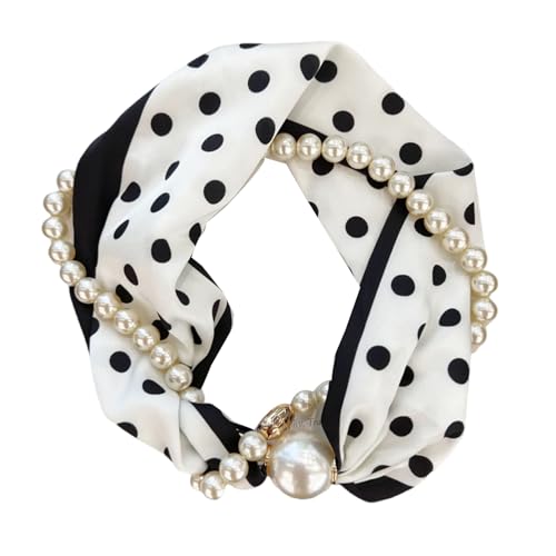Magnetic Clasp Pearls Chain Necklace Floral Satins Scarf Elegant Silk Skinny Narrow Neckerchief for Fashionable Women Women Scarf