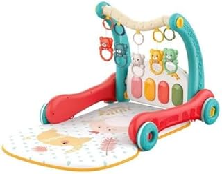 مشاية للأطفال مع بيانو وألعاب معلقة وسجادة للعب، أحمر وتركواز