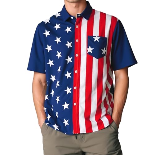 Evankin 4th of July Hawaiian Shirts for Men American Flag Patriotic Button Down Beach Shirts USA Short Sleeve Tops