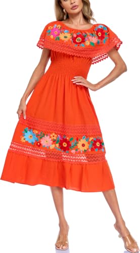 Image of Women Embroidered Mexican Dress Peasant Floral Sexy Off-Shoulder Long Dress