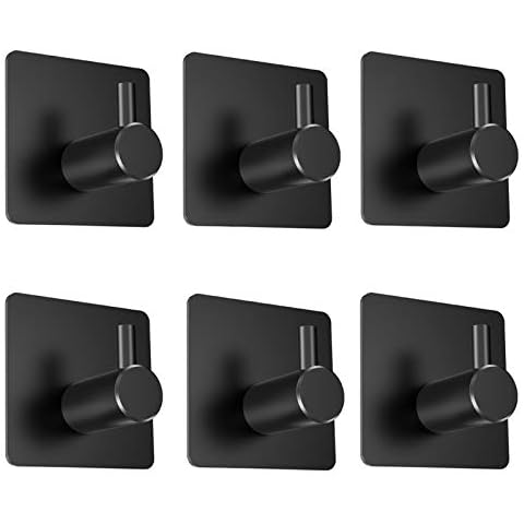 Self Adhesive Hooks, LYLIN Stick on Hooks Holder for Coat Towel Kitchen Bathroom Office, Stainless Steel Sticky Wall Door Hooks, Waterproof Rustproof (Matt Black 6pcs) Cover