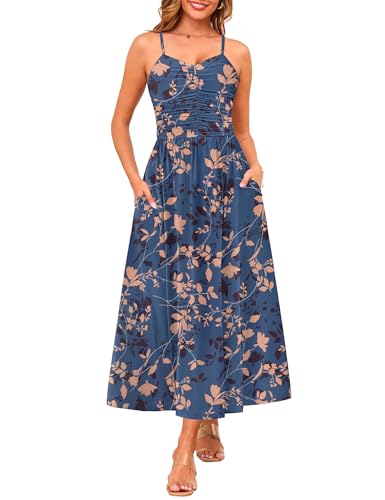 Image of Annebouti Women 2026 Summer Spring Ruched Maxi Dress Adjustable Spaghetti Strap Floral Beach Long Sundress with Pockets