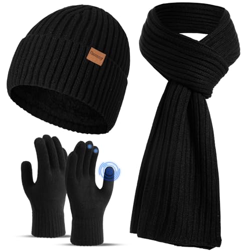 floconssy Mens Winter Beanies Hats Scarf Gloves Sets 3 PCS Warm Fleece Lined Hat Thermal Long Scarf Touchscreen Gloves for Cold Weather Black