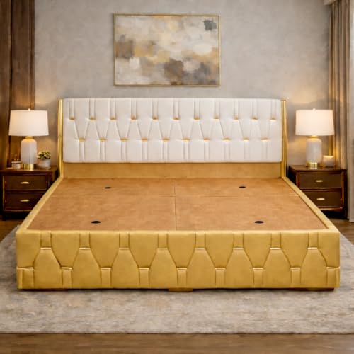 Image of Royal Aura Upholstered King Size Bed with Box Storage for Bedroom | Elegant Wooden Double Bed with Storage | Platform Cot Palang with Tufted Headboard | 6.5 x 6 Ft | Sheesham Wood | White