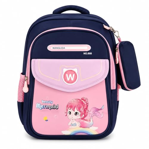 Mochila Escolar Infantil, Sereia e Dinossauro, com Estojo Removível, Alças Acolchoadas, Bolsos Laterais (Preto)