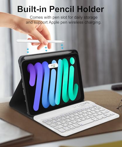 Image of Keyboard Case for iPad Mini 7th (A17 Pro, 2024) & Mini-6th Gen 2021 Case with Keyboard, Smart Case for iPad Mini-7th Key Board with Pen Slot, Cute Cover with Keypad for Mini 7 /6 8.3inch, Blue-white