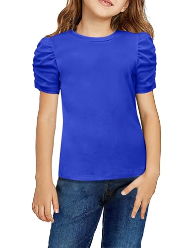 Image of Arshiner Girls Puff Short Sleeve Shirts Summer Ribbed Knit Crewneck T Shirt Tops Tee Blouse