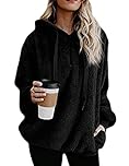 Wamvp Womens Casual Hooded Sweater Warm Long Sleeve Outerwear Solid Color Pockets Plush Pullover Long Sleeve Coat Outwear Tops Black