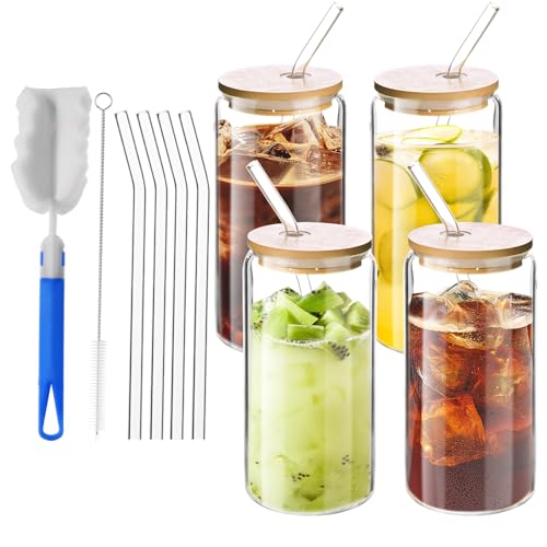 ACOMTUO 4 Pièces Verre avec Paille, 500 ml de Verre avec Couvercle et Paille, Verres a Matcha avec Couvercle et Pailles pour Café Glacé, Cocktails et Verres à...