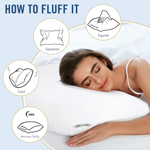 Image of Queen Size Pillows 4 Pack, Soft Firm Support for Side Back Stomach Sleepers | Set of 4 queen pillows with down-alternative fill. Plush yet resilient for side, back, or stomach sleepers.