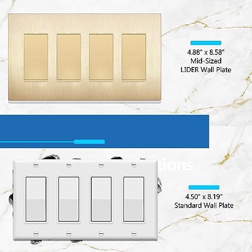 Image of LIDER Decorator Switch Cover, Screwless Wall Plate, Mid-Size 4-Gang 4.88 inch x 8.58 inch, LSWP-34M-BGD, UL Listed, Thermoplastic, Brushed Gold, 1-Pack