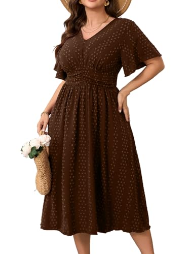 Image of RWJ Women's Plus Size Maxi Dress V Neck Short Sleeve Swiss Dot A Line High Waist Boho Swing Casual Summer Dresses