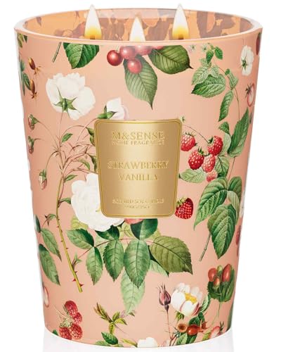 M&SENSE Extra Large Candle Strawberry Vanilla Scented, 3-Wick 35oz 150H Long Lasting, Natural Soy Wax Aromatherapy Candle for Stress Relief, Gifts for Home Decor