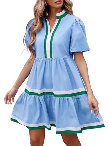 Image of LifeShe Womens Puff Sleeve Babydoll Dress V Neck Navy Blue Striped Color Block Tiered Mini Dresses