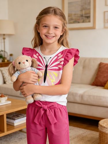 Image of Toddler Kid Girl Clothes Casual Ruffle Sleeve Floral Printed Top Solid Pants with Belt 3PC Outfit Set