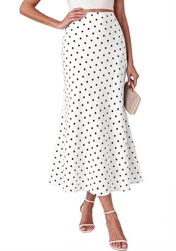 BTFBM Midi Skirts for Women 2026 Summer Spring Lightweight A Line High Waisted Wedding Guest Party Silk Long Skirt(Dot White Black Large)