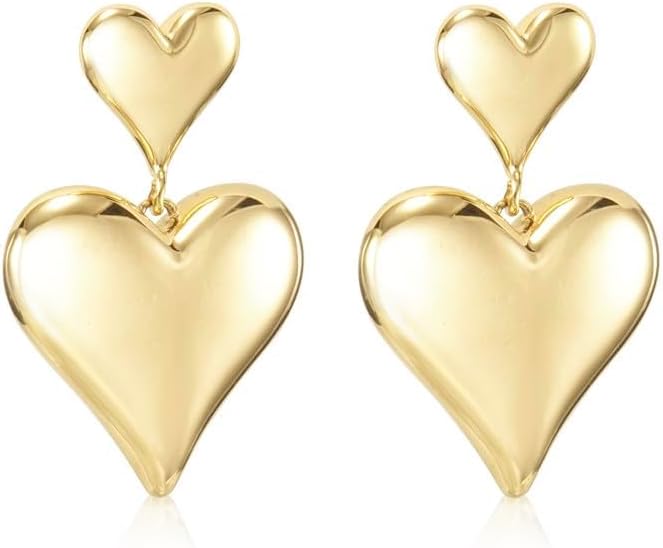 Gold Heart Earrings Dangle, Big Heart Dangle Earrings for Women, Sparkly Large Heart Shaped Earrings, Trendy Double Heart Drop Earrings, Cute Love Heart Dangling - Image 2