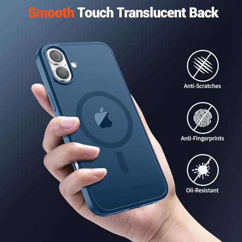 Image of SUPFINE Magnetic for iPhone 16 Case with Screen Protector (Compatible with MagSafe) (Military Grade Drop Protection) Translucent Matte Shockproof with Anti-Fingerprint Phone Case,Deep Blue