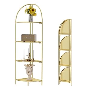 Crofy Foldable 4 Tier Corner Shelf, Metal Corner Plant Stand with Gold Frame and Gold Shelves, Corner Display Rack Multipurpose Shelving Unit for Living Room, Bedroom, Bathroom