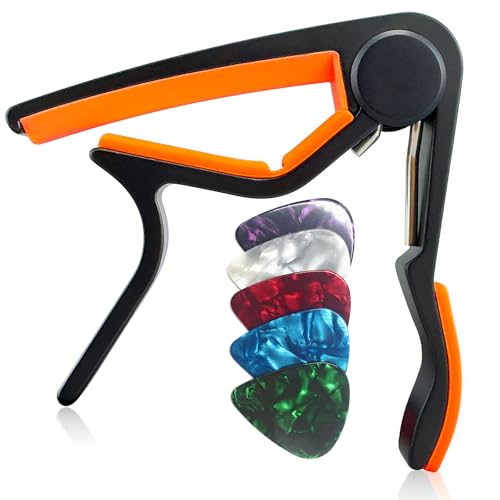 WINGO Guitar Capo for Acoustic and Electric Guitars with 5 Picks for Free, Black with Orange Rubber.