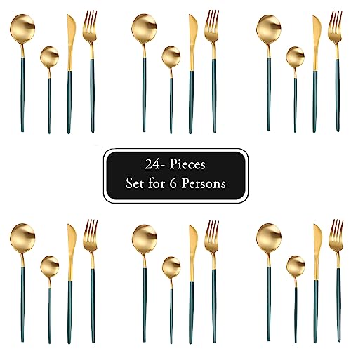 Image of Stainless Steel Green Gold Cutlery Set for 6 Person with Gift Box 24 Pieces Mirror Finish Luxury Premium Flatware Set for Dining Table Hotel Cafe Bar Restaurant House Warming Gifts
