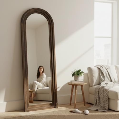 Image of APRODZ Rustic Arched Distressed Wood Mirror Full-Length Floor Mirror | Vintage Farmhouse Style Full Body Dressing Mirror for Bedroom, Living Room & Hallway Decor