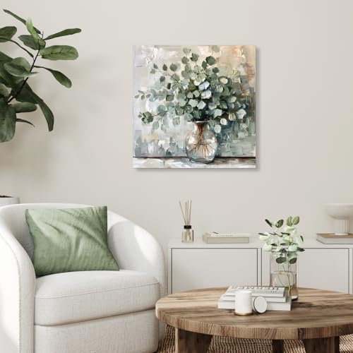 Hianan Framed Eucalyptus Leaf Wall Art, Green Botanical Wall Decor, Vintage Floral Canvas Painting, Soft Neutral Rustic Farmhouse Bathroom Art Print for Bedroom Living Room 12"x12" - image 5