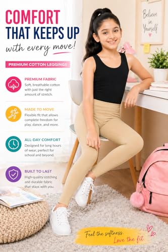 Image of BODYCARE Girls Cotton Stretch Leggings, Elastic Waist Ankle Length Leggings for Kids, Soft