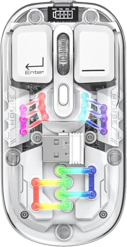 Image of Wireless Transparent Mouse Dual-Mode 2.4GHz /BT5.0 Bluetooth Metal Roller Silent Rechargeable RGB with USB Receiver Power Indicator Light Mouse for PC,Laptop,Mobile,Tablet (White)