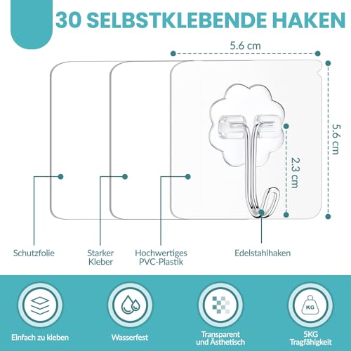 Gicctyble Klebehaken Extra Stark Transparente,30 Stück Selbstklebende Wandhaken ohne Bohren, Wasserfest für Küche, Bad, Schlüssel und Handtücher - Mehrzweck Haken für Decke und Wand