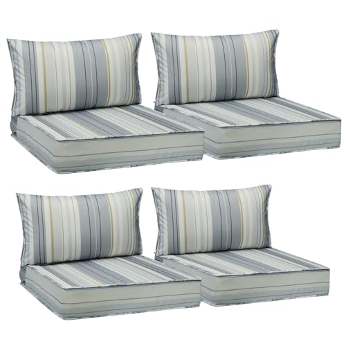 Image of AAAAAcessories Outdoor Seat Cushions for Chairs, Fade-Resistant, Waterproof Patio Furniture Replacement Cushions, 24 inch x 24 inch x 5 inch + 24 inch x 13.5 inch, Set of 4, Ash Blue Harbor Stripe