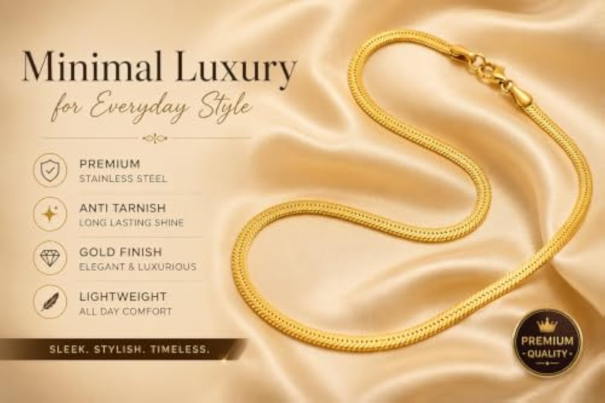 Premium Gold Finish Stainless Steel Snake Chain Necklace