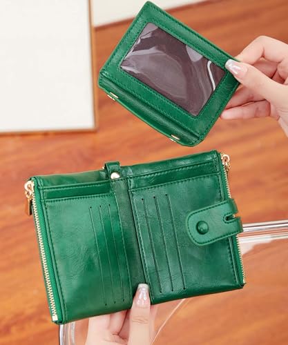 Image of AOXONEL Wallets for Women Small Rfid Bifold Leather Ladies Wallet,Travel Billfolds Medium Size Card Holder with Removable Wristlet Chain,Multi-Card Slots,ID Window,Double Zipper Coin Pocket (Green)
