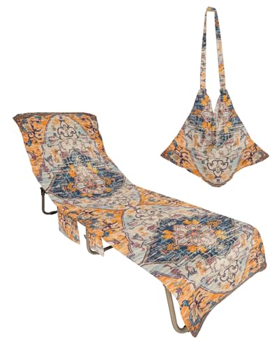 Boho Blue Orange Beach Lounge Chair Towel Cover, Soft Chaise Lounge Towel with Side Pockets Patio Pool Chairs Cover for Beach/Pool Sunbathing 29x85 Ethnic Middle Century Geometric Abstract Art
