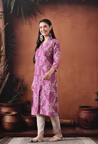 Image of Ichaa Women's Pure Cotton A-Line Ethnic V-Neck Kurta with 3 /4th Sleeve for Daily and Office Wear, in Plus Sizes