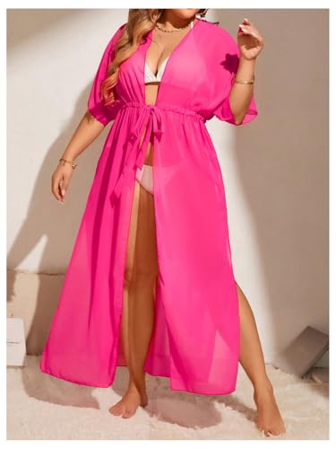 OYOANGLE Women's Plus Size Short Sleeve Beach Kimono Drawstring Waist Flowy Long Cardigans Cover Ups3