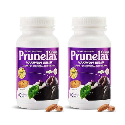 Prunelax Maximum Relief - 200 Tablets Size - Laxative Tablets with Natural Senna for Occasional Constipation Senna Extract Vegan & Gluten-Free Gentle Overnight Relief