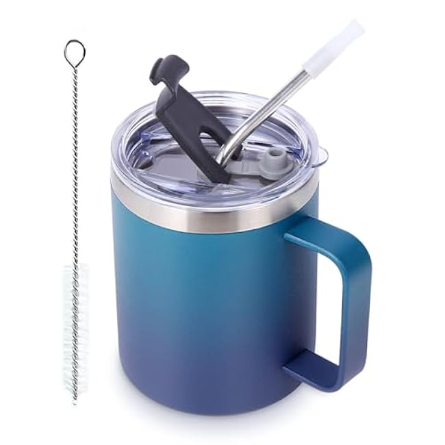 Volhoply 12oz Insulated Leakproof Coffee Mug with Flip & Straw Lid | Double Wall Vacuum Stainless Steel | Travel Tumbler Cup with Handle | Reusable Camping Mug | Keeps Cold/Hot | Dark Night, 1 Set