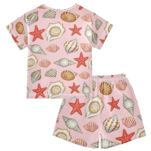 ALAZA Conch Starfish Seashell Pajamas Set Short Sleeve Cotton Sleepwear Summer Pjs 2 Piece 5-14Y2